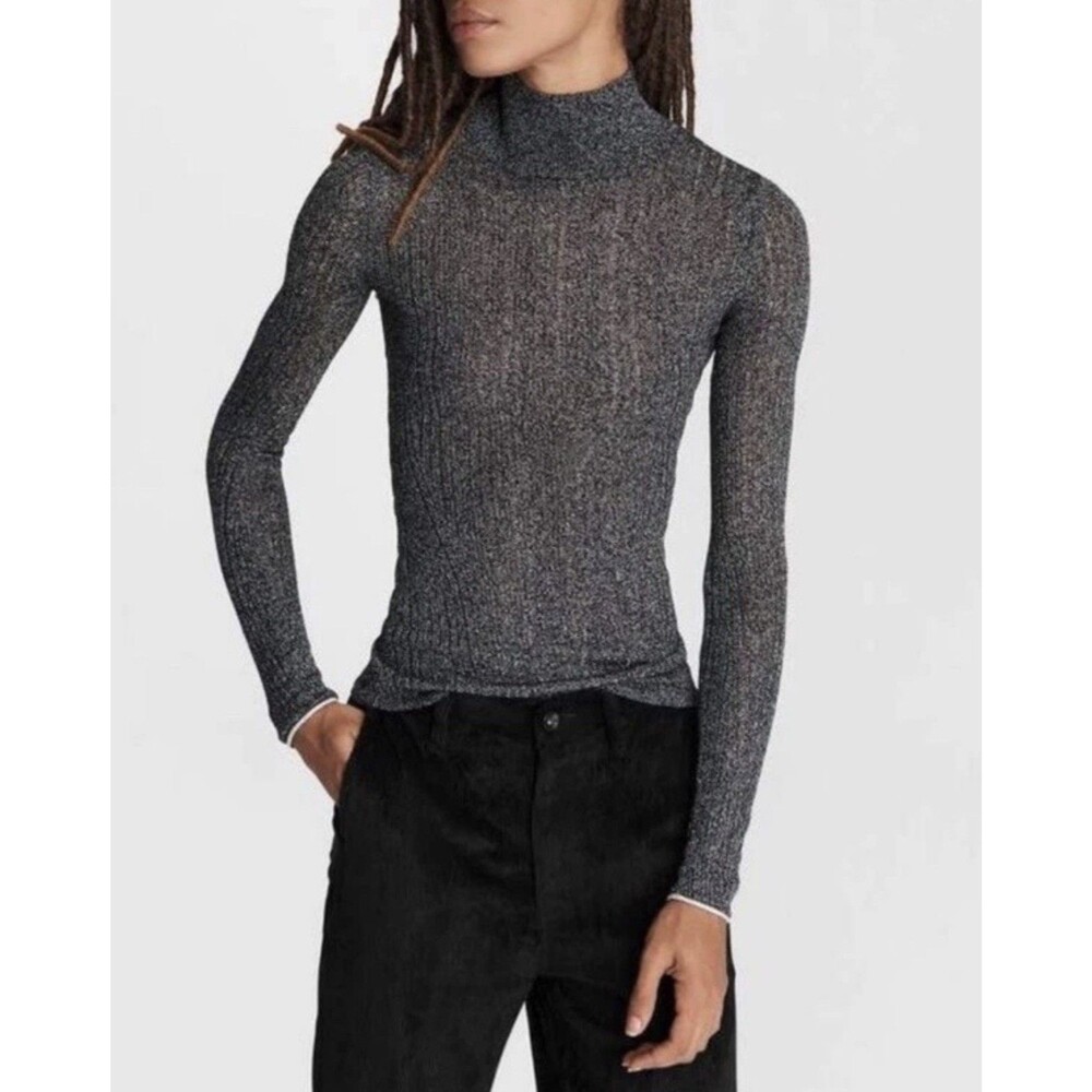 Rag & Bone Lexi Semisheer Cotton Blend Rib Turtleneck Top Silver Black Large
